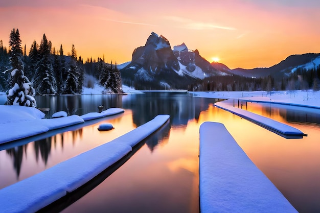 A winter scene with a mountain in the background and a sunset in the background.