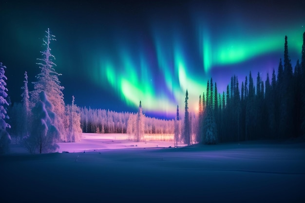 A winter scene with the northern lights in the sky