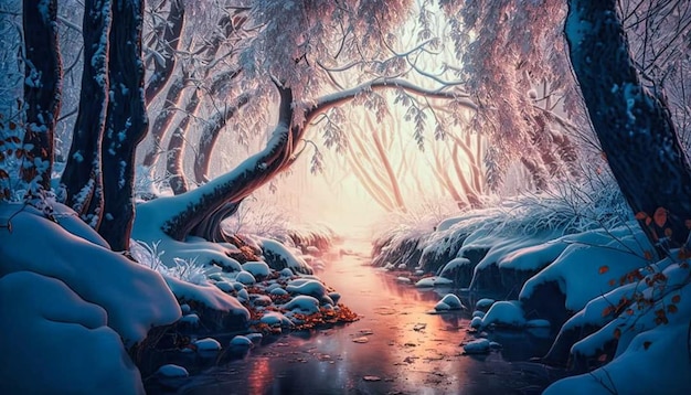 A winter scene with a river in the foreground and a snowy forest in the background.