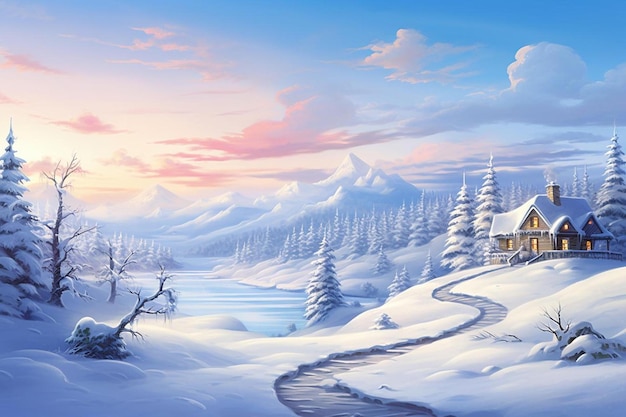 Premium AI Image | a winter scene with a river and a snowy mountain.