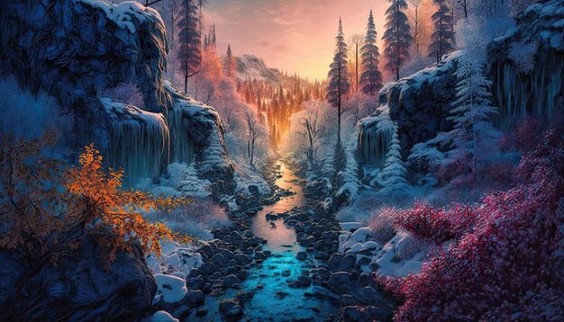 川と雪山の冬景色