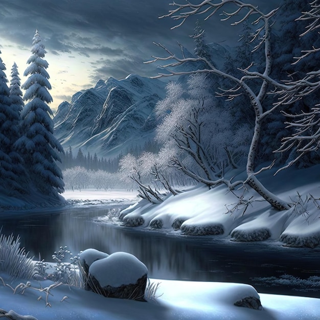 A winter scene with a river and snowy trees.