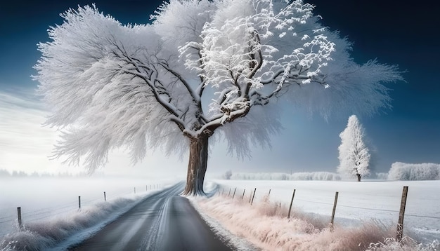 A winter scene with a road and a tree covered in snow.