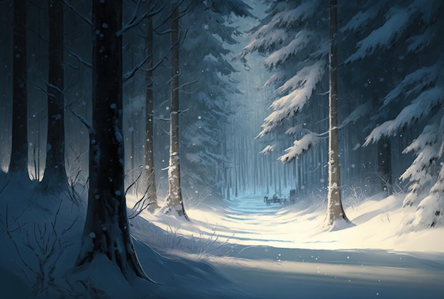Winter scene with rows of snow covered trees in a forest