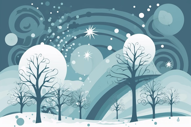 A winter scene with a snow covered forest and a star on the sky