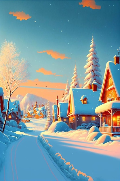 Winter scene with snow covered houses and trees