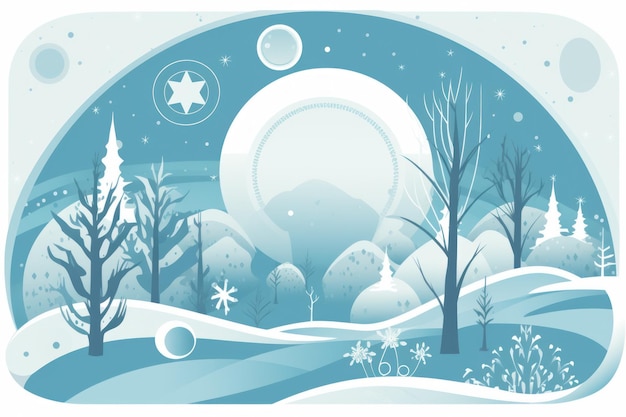 A winter scene with a snow covered landscape and a star on the top