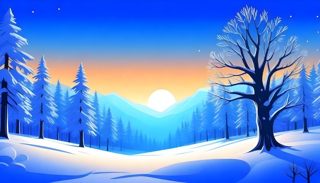 a winter scene with snow covered mountains and trees