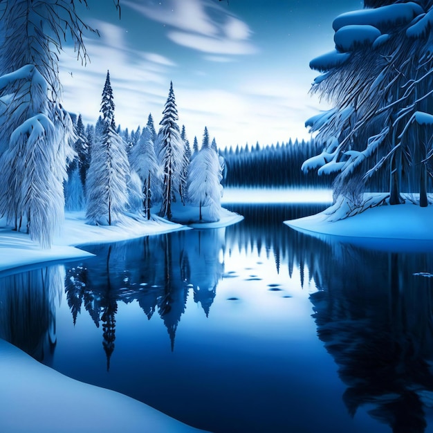 Photo a winter scene with snow covered trees and a lake.