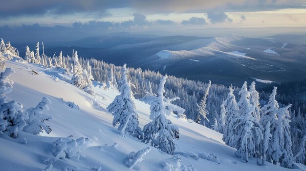 Photo a winter scene with snow covered trees and mountains in the background