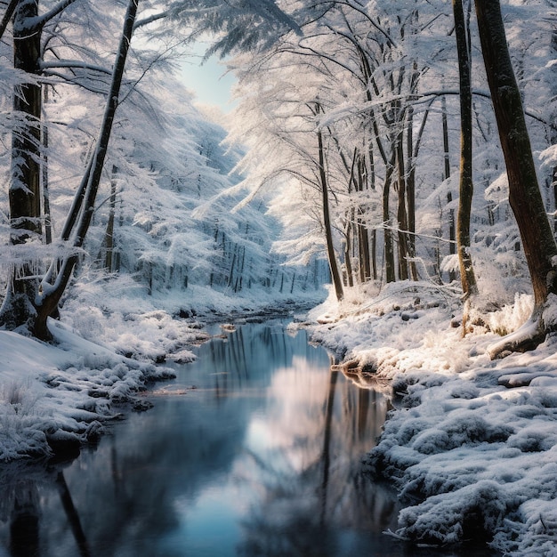 a winter scene with snow covered trees and a river