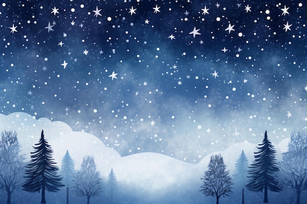 a winter scene with snow falling on trees and stars in the sky