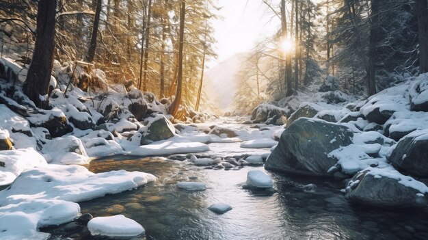 Foto una scena invernale con neve sul terreno e alberi