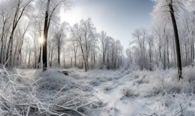 A winter scene with snow and ice covered trees