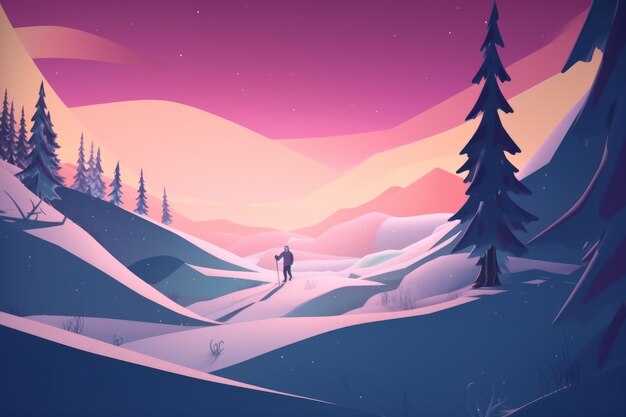 A winter scene with a snowboarder on the ground and trees.