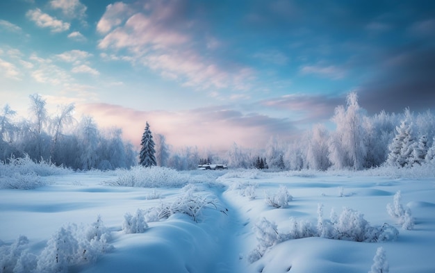 A winter scene with a snowy landscape and a house in the distance.