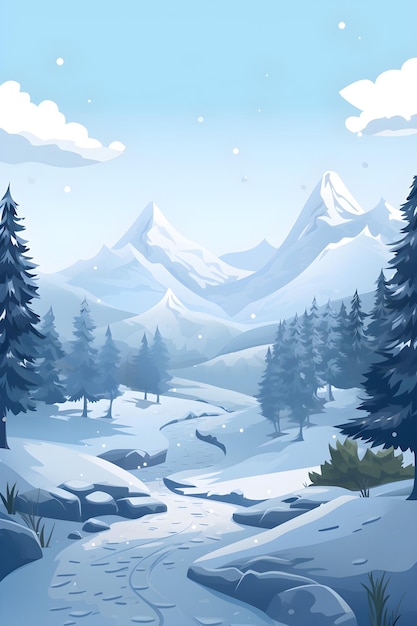 A winter scene with a snowy landscape and mountains in the background.
