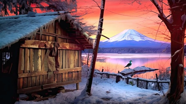 A winter scene with a snowy mountain in the background