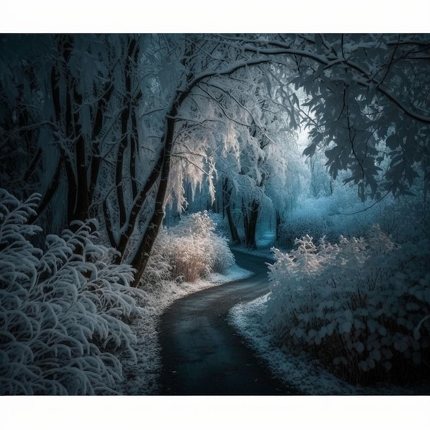 A winter scene with a snowy road and trees covered in snow.