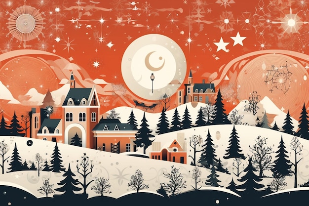 A winter scene with a snowy town and a moon