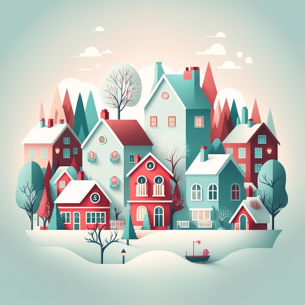 A winter scene with a snowy village and a house in the snow.