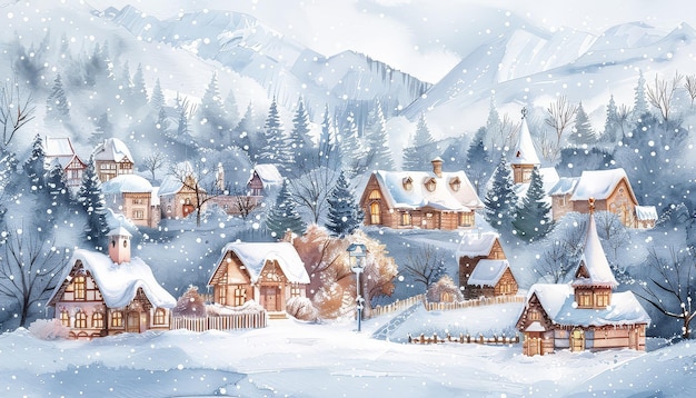 Photo a winter scene with a village of houses and a church
