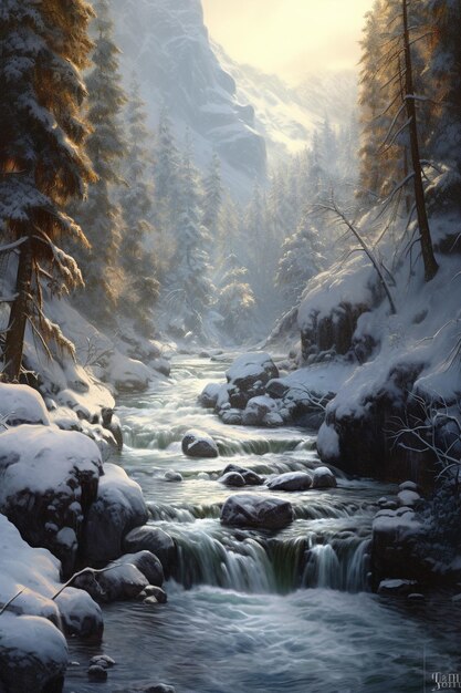 A winter scene with a waterfall and a waterfall in the background