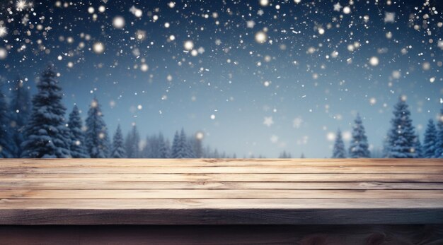 Photo winter scene with a wooden table snow and snowflakes