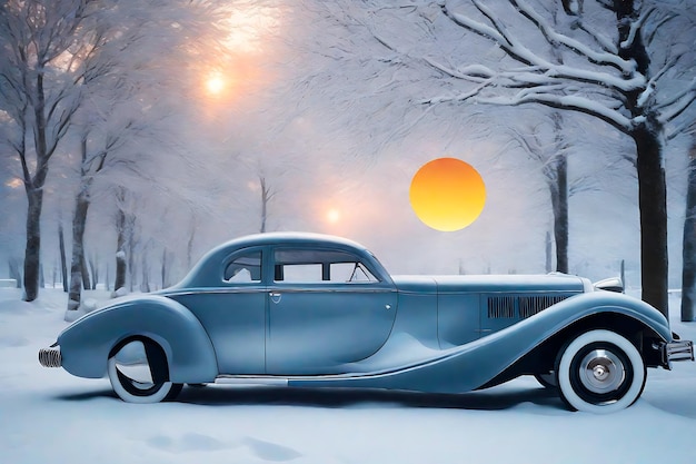 Winter scenery art with classic car