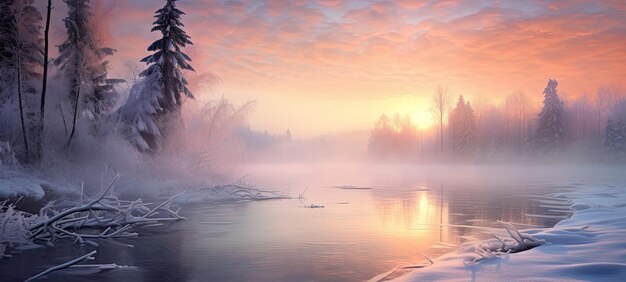 Winter scenery ethereal panorama view of snowy frosted landscape nature in the cold