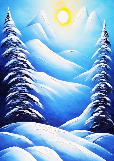冬の風景画 雪と森の木