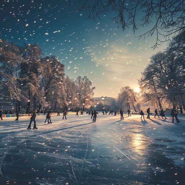 Winter schaatsen op een besneeuwde helling Groep mensen die van Icy Hill af skiën