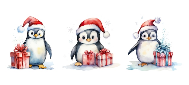 Winter schattige pinguïn met kerstcadeau aquarel ai gegenereerd karakter vogel polaire antarctische dieren sjaal winter schattige pinguïn met kerstcadeau aquarel illustratie