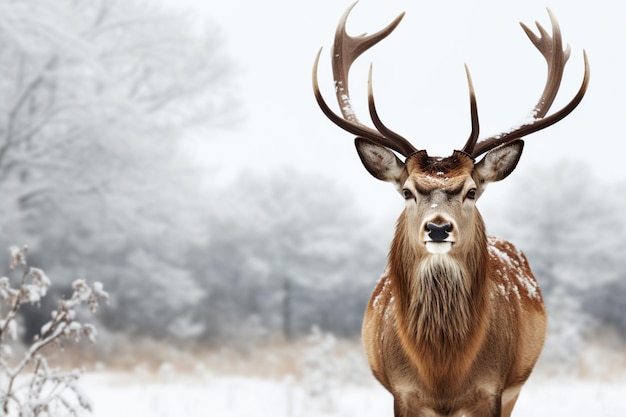 Winter schoonheid een majestueus hert tegen een sneeuwwitte achtergrond