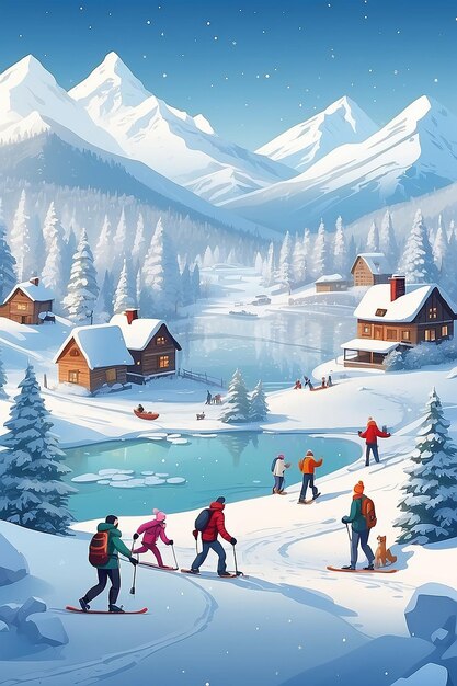 Winter season background people characters Winter outdoor activities People have fun