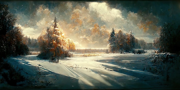 Winter season background. Winter Landcaping. Digital illustration. Painting. Beautiful scenario