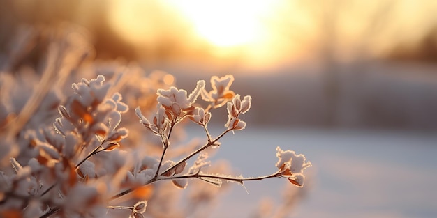 Winter season outdoors landscape frozen plants in nature on the ground covered with ice and snow