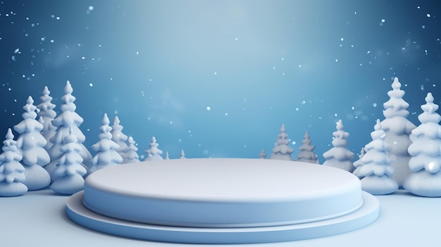 冬の松の木の雪のポディウムの広告コンセプト