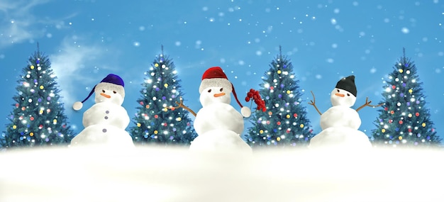 winter  season ,snowman and Christmas tree with decoration on snow and blue sky Holiday banner