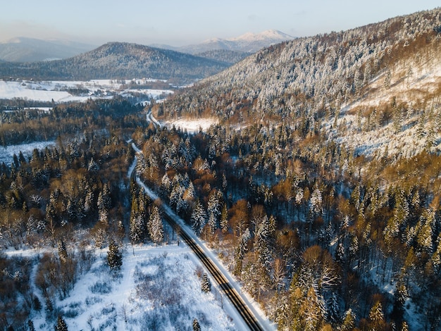 Winter Season Snowy Landscape Bieszczady Mountains Park in Poland Aerial Drone View