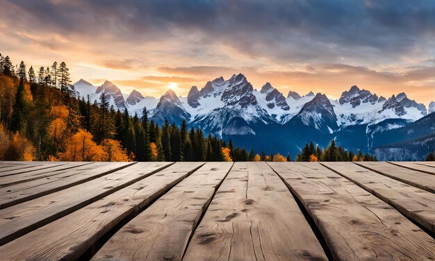 Winter serenity Empty wooden table with snowy mountain backdrop