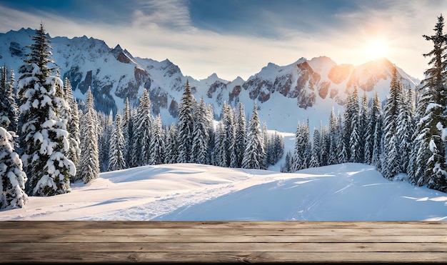 Winter serenity Empty wooden table with snowy mountain backdrop