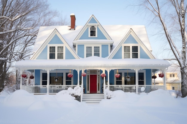 Winter shot of a colonial house with side porches covered in snow