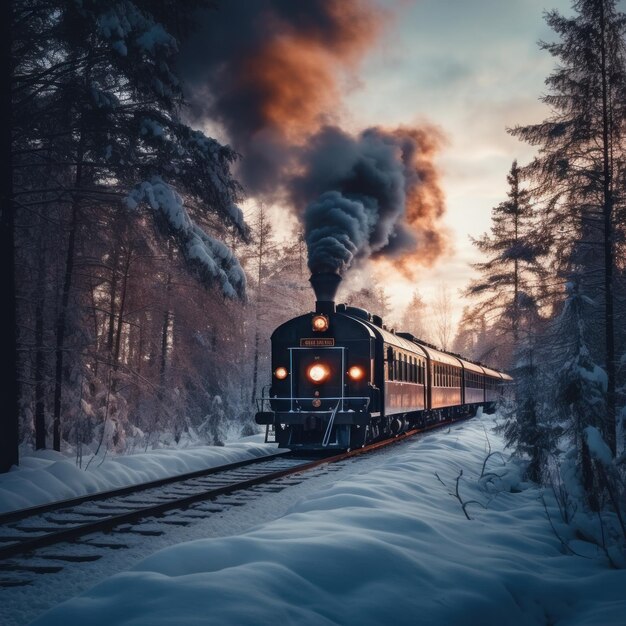 Foto fotografia invernale di un treno che emette fumo tra gli alberi della foresta