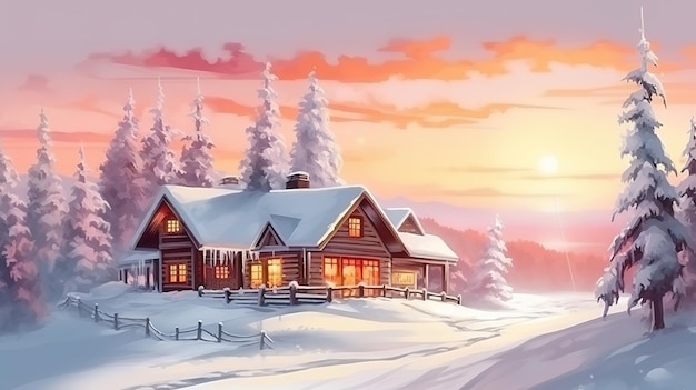 티롤 Generative ai의 눈 산 풍경에 있는 겨울 스키 샬레 및 오두막