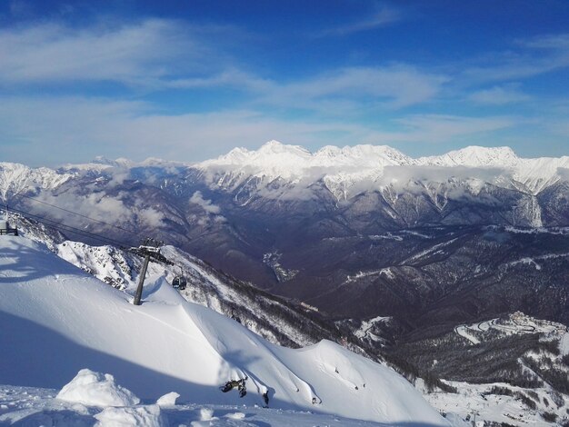 .Winter ski resort view of mountains and slopes.