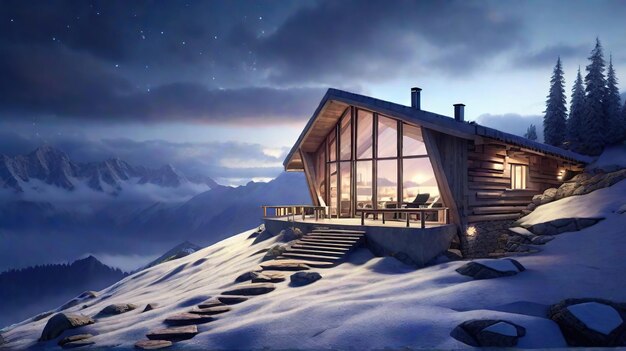 Photo winter skiing mountain cottage scene surrounded by snow covered in the alps