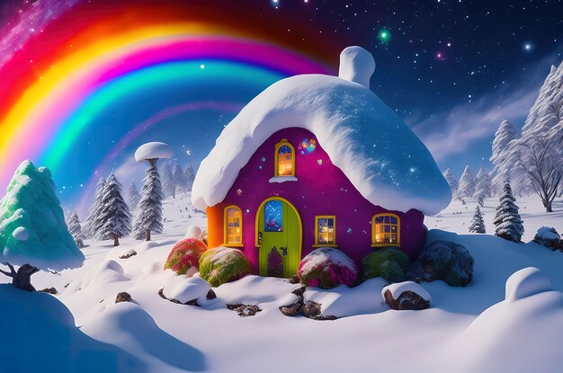 Winter sky in multicolor over snowy landscape with mushroom hobbit house