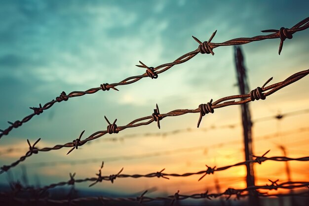 Winter sky serves as a backdrop for prison war or immigration depicted by rusted barbed wire silhoue