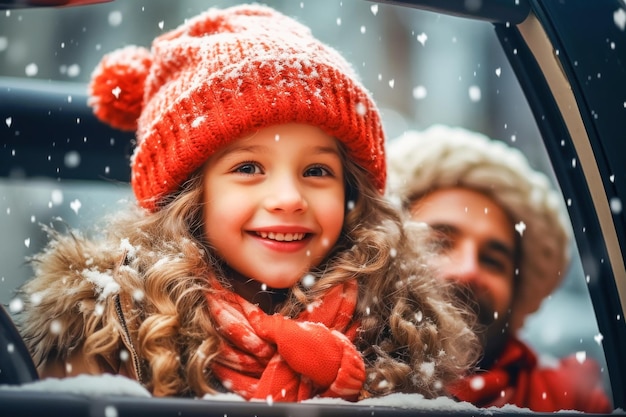 Winter smile girl under snowfall